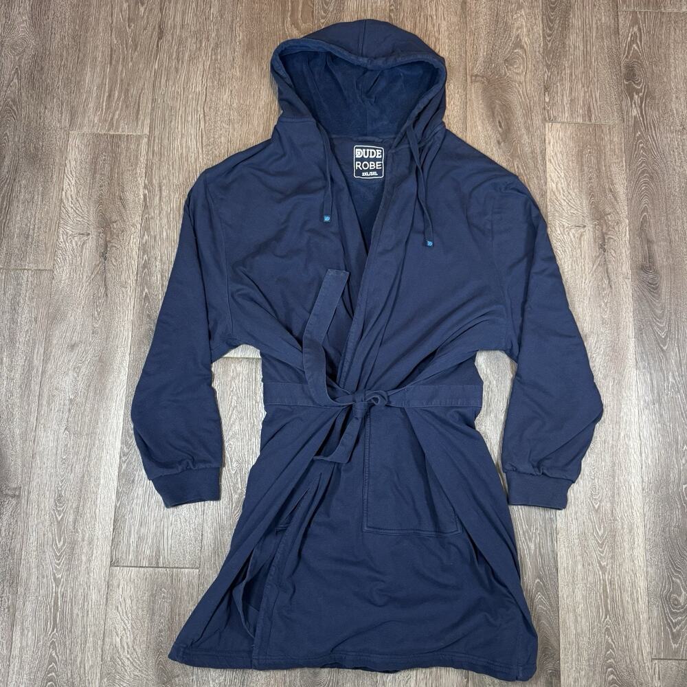 Dude Robe Men's Size 2X-3X Navy Blue Hooded Pockets Attached Belt Soft Cotton